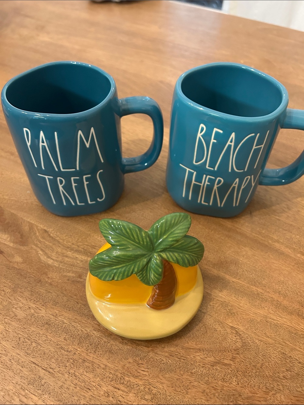 Rae Dunn Teal Ceramic 'Palm Trees' & 'Beach Therapy' Mugs